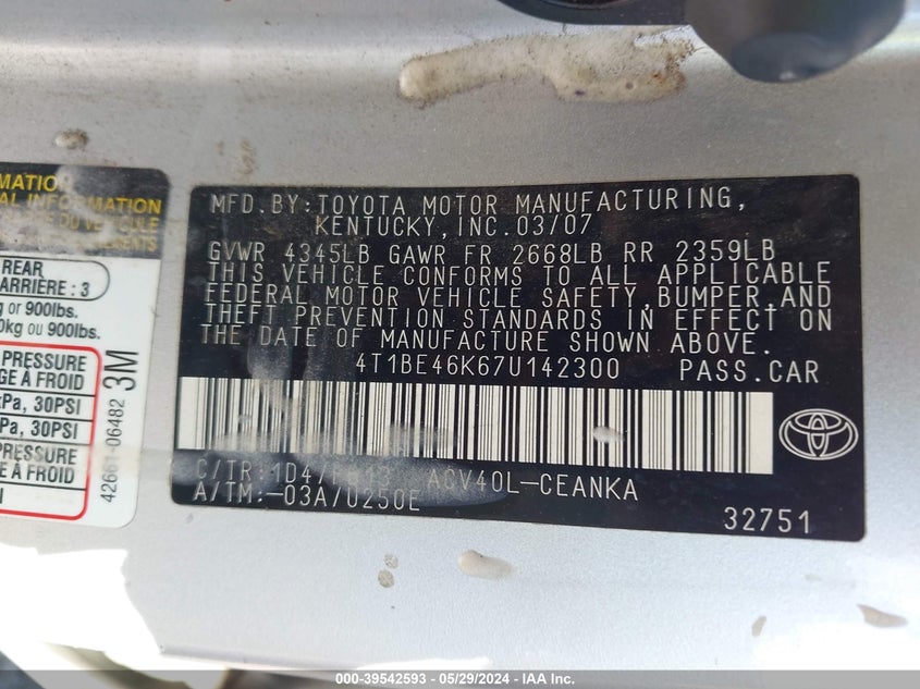2007 Toyota Camry Le VIN: 4T1BE46K67U142300 Lot: 39542593