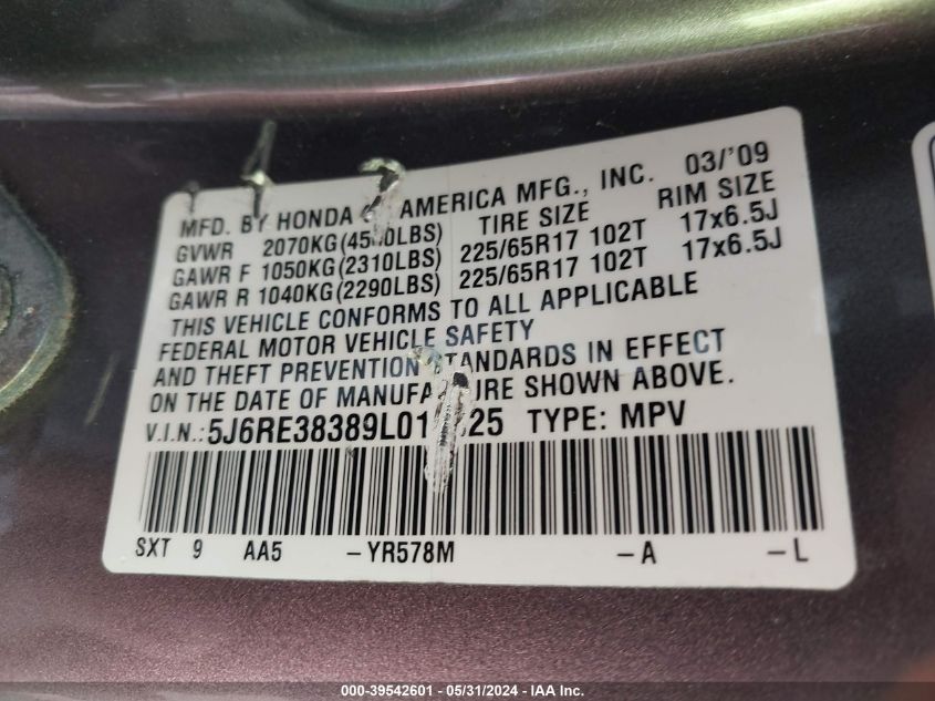 2009 Honda Cr-V Lx VIN: 5J6RE38389L014825 Lot: 39542601