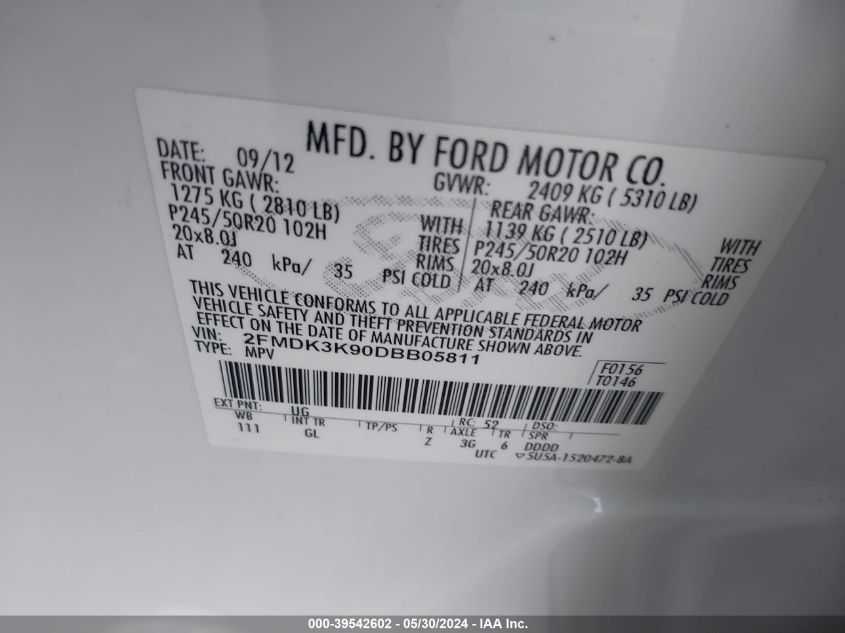 2013 Ford Edge Limited VIN: 2FMDK3K90DBB05811 Lot: 39542602