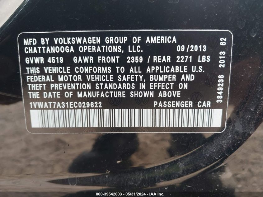 2014 Volkswagen Passat 1.8T Wolfsburg Edition VIN: 1VWAT7A31EC029622 Lot: 39542603