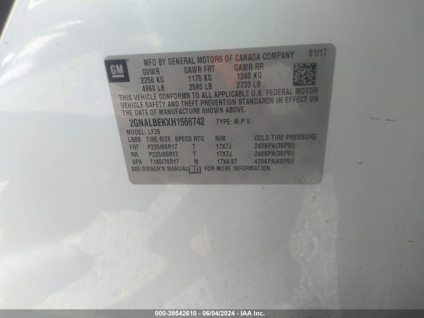 VIN 2GNALBEKXH1566742 2017 CHEVROLET EQUINOX LS