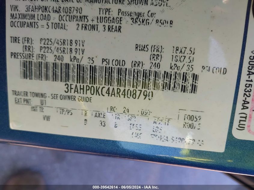 2010 Ford Fusion Sport VIN: 3FAHP0KC4AR408790 Lot: 39542614