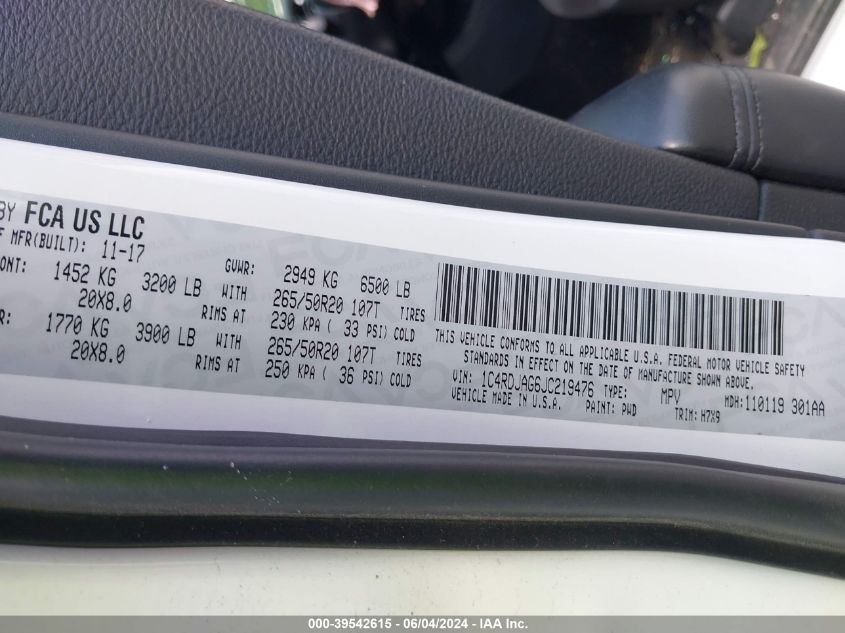 2018 Dodge Durango Sxt Awd VIN: 1C4RDJAG6JC219476 Lot: 39542615