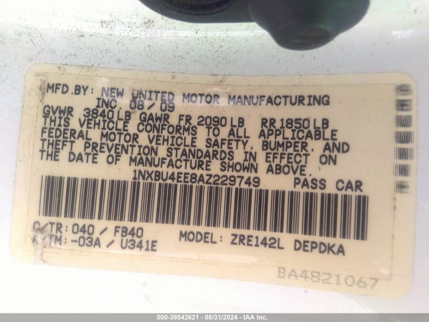 2010 Toyota Corolla VIN: 1NXBU4EE8AZ229749 Lot: 39542621