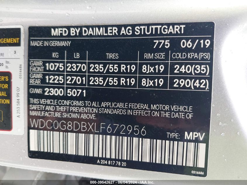 2020 Mercedes-Benz Glc 300 VIN: WDC0G8DBXLF672956 Lot: 39542627