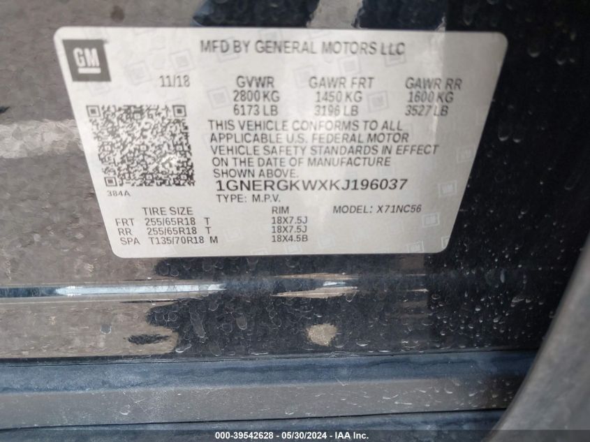 2019 Chevrolet Traverse 1Lt VIN: 1GNERGKWXKJ196037 Lot: 39542628