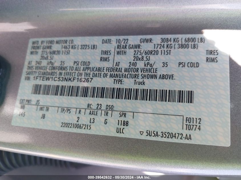 2022 Ford F150 Supercrew VIN: 1FTEW1C53NKF16267 Lot: 39542632