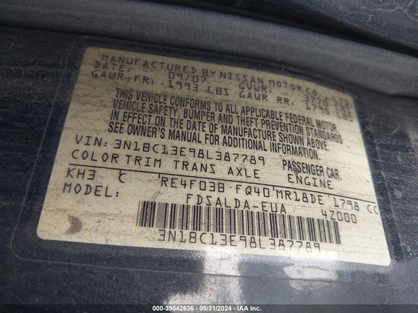 2008 Nissan Versa 1.8S VIN: 3N1BC13E98L387789 Lot: 39542636