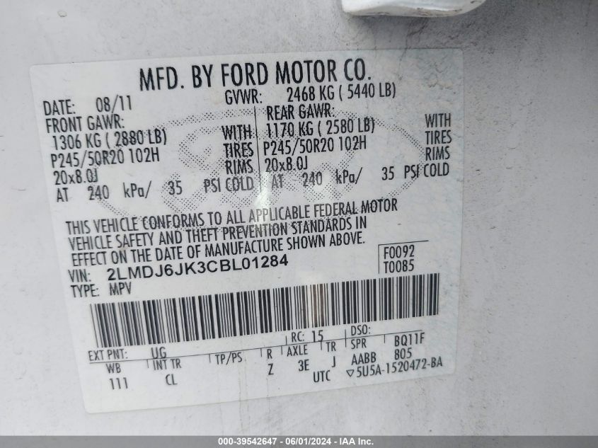 2012 Lincoln Mkx VIN: 2LMDJ6JK3CBL01284 Lot: 39542647