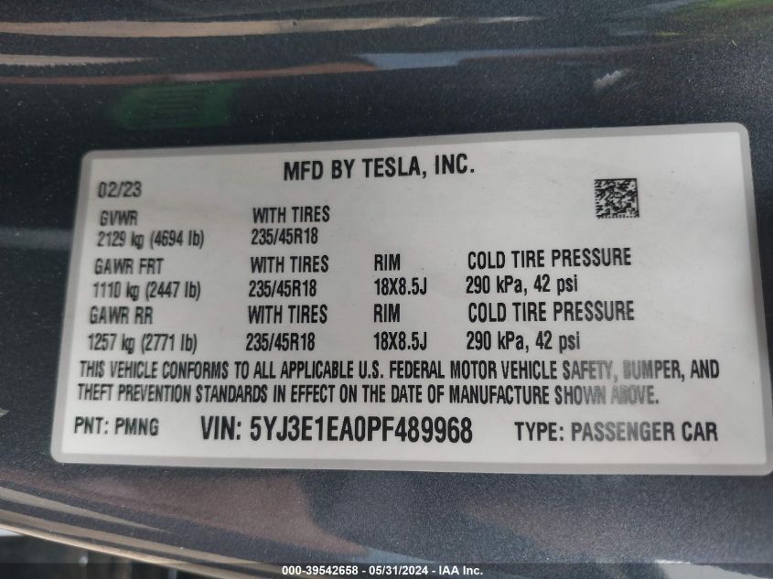 2023 Tesla Model 3 Rear-Wheel Drive VIN: 5YJ3E1EA0PF489968 Lot: 39542658