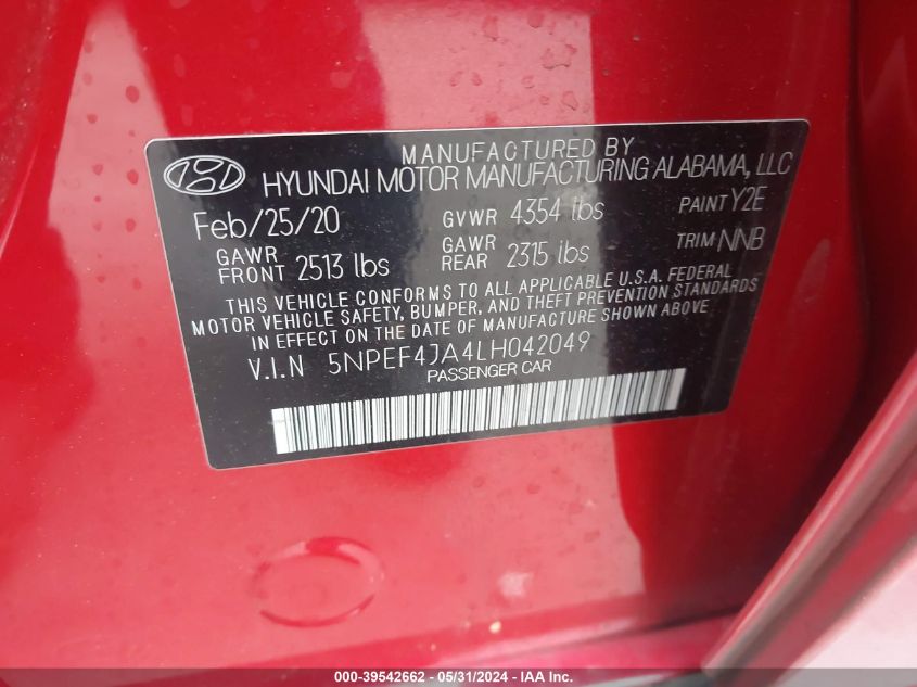2020 Hyundai Sonata Sel VIN: 5NPEF4JA4LH042049 Lot: 39542662