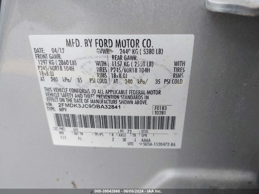 2013 Ford Edge Sel VIN: 2FMDK3JC9DBA32841 Lot: 39542668