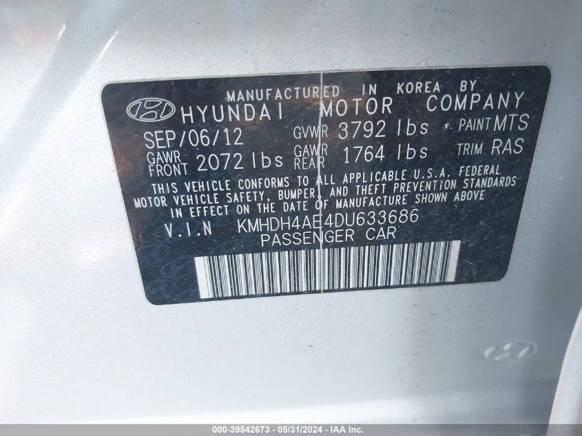2013 Hyundai Elantra Gls VIN: KMHDH4AE4DU633686 Lot: 39542673