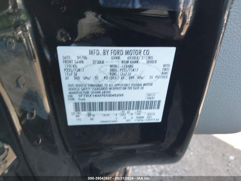 2006 Ford F150 VIN: 1FTRX14W76NB45295 Lot: 39542687