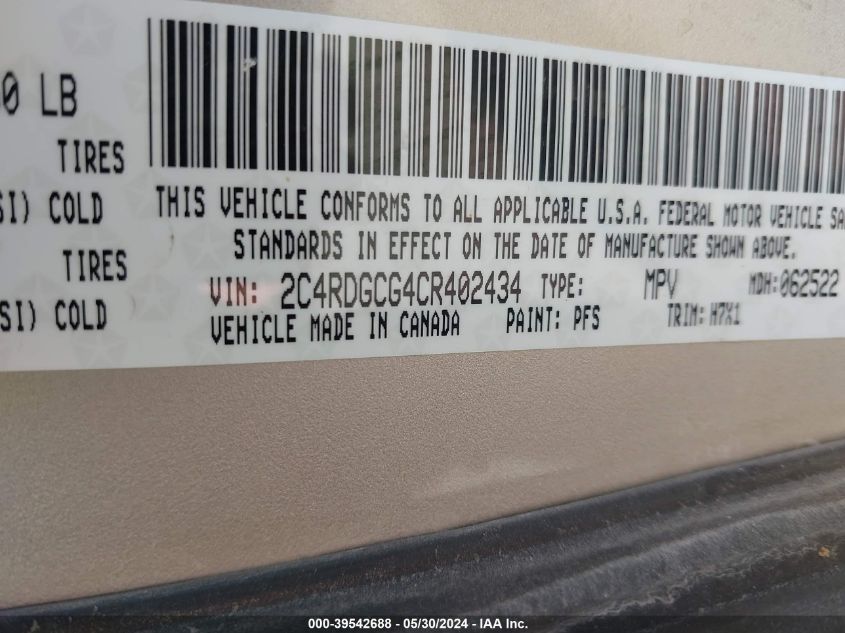 2012 Dodge Grand Caravan Sxt VIN: 2C4RDGCG4CR402434 Lot: 39542688