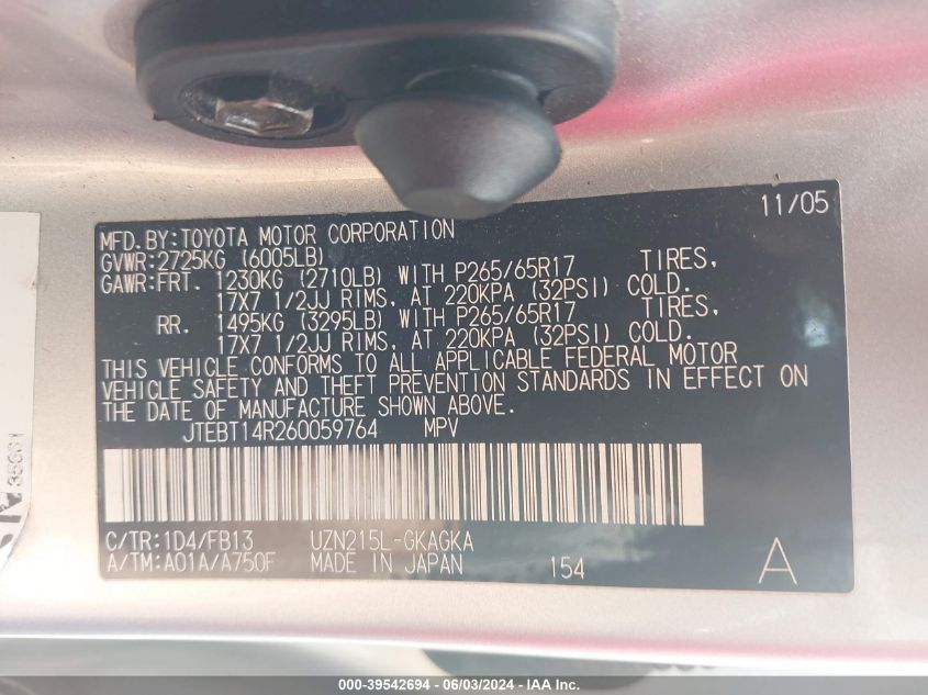 2006 Toyota 4Runner Sr5 Sport V8 VIN: JTEBT14R260059764 Lot: 39542694