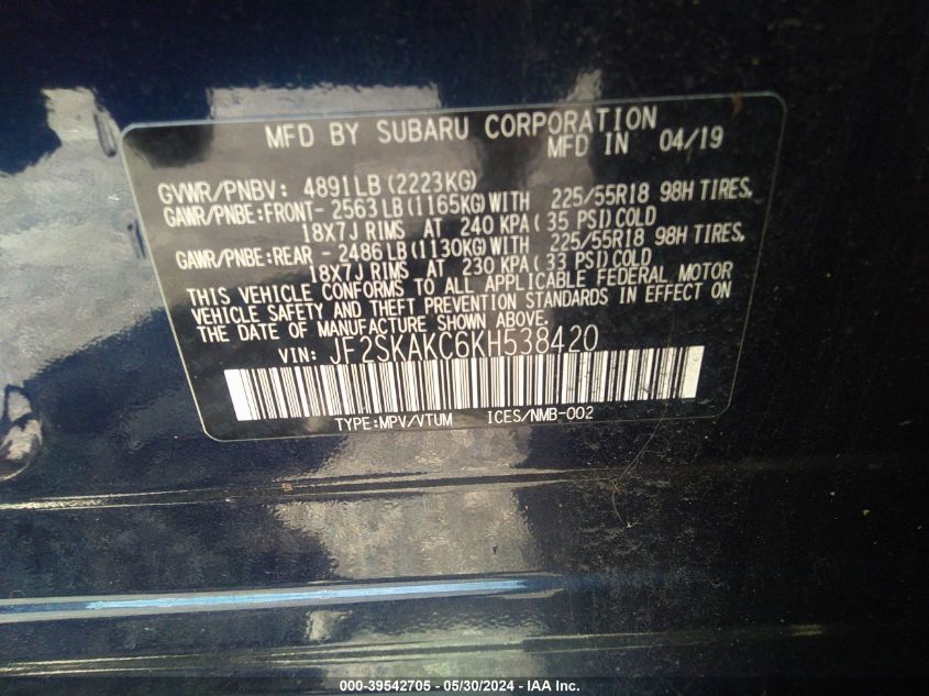 2019 Subaru Forester Sport VIN: JF2SKAKC6KH538420 Lot: 39542705