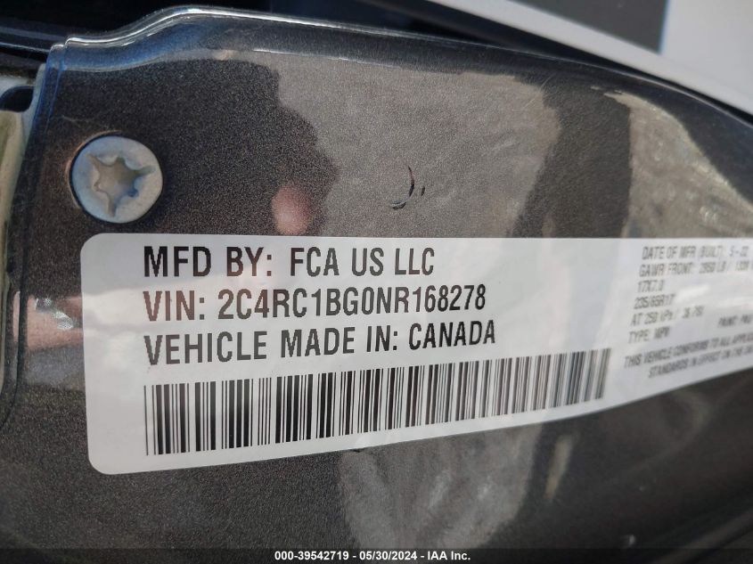 2022 Chrysler Pacifica Touring L VIN: 2C4RC1BG0NR168278 Lot: 39542719