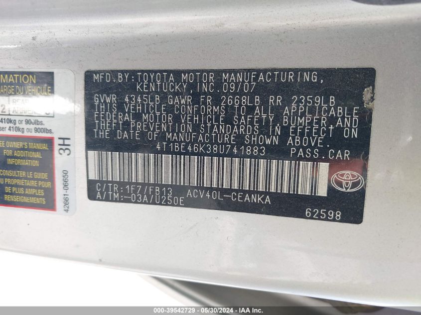 2008 Toyota Camry Le VIN: 4T1BE46K38U741883 Lot: 39542729
