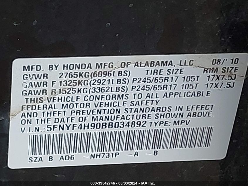 2011 Honda Pilot Touring VIN: 5FNYF4H90BB034892 Lot: 39542746