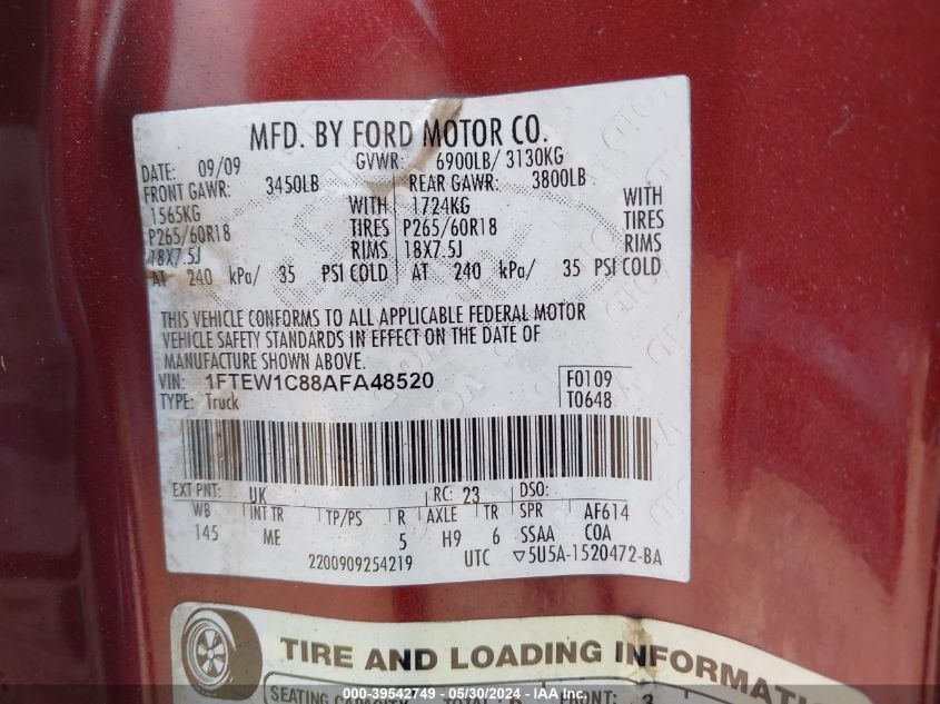 2010 Ford F-150 VIN: 1FTEW1C88AFA48520 Lot: 39542749