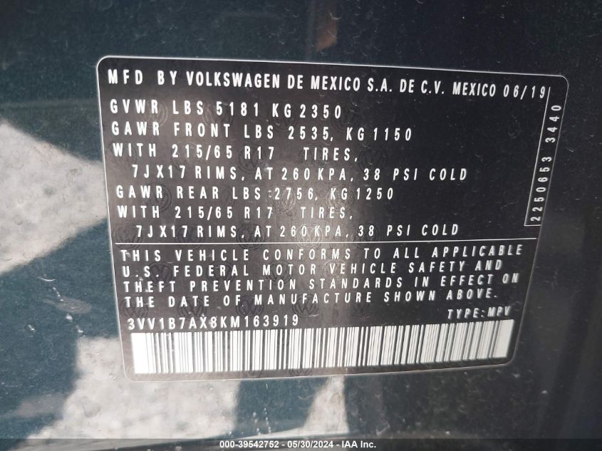 2019 Volkswagen Tiguan 2.0T S VIN: 3VV1B7AX8KM163919 Lot: 39542752