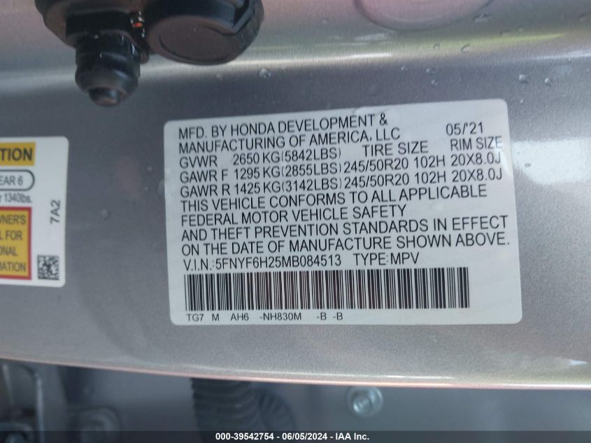 2021 Honda Pilot Awd Special Edition VIN: 5FNYF6H25MB084513 Lot: 39542754