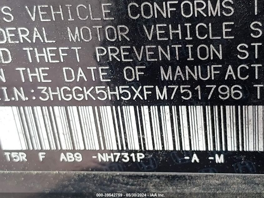 2015 Honda Fit Lx VIN: 3HGGK5H5XFM751796 Lot: 39542759