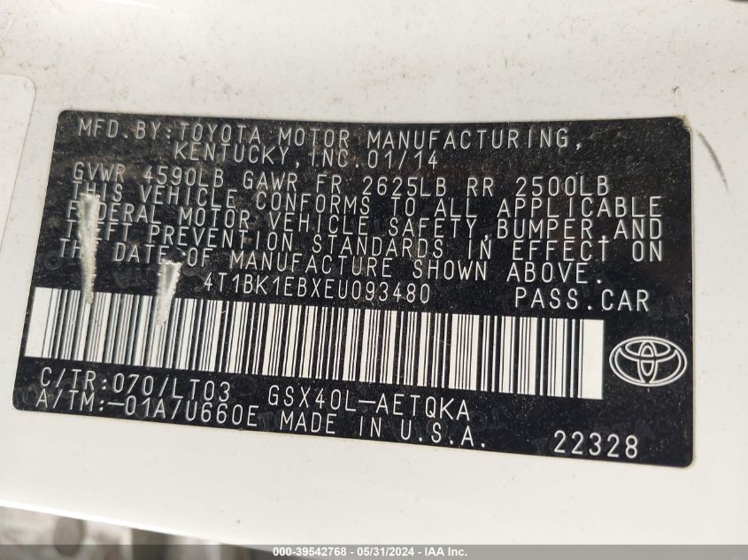 2014 Toyota Avalon Xle Touring VIN: 4T1BK1EBXEU093480 Lot: 39542768