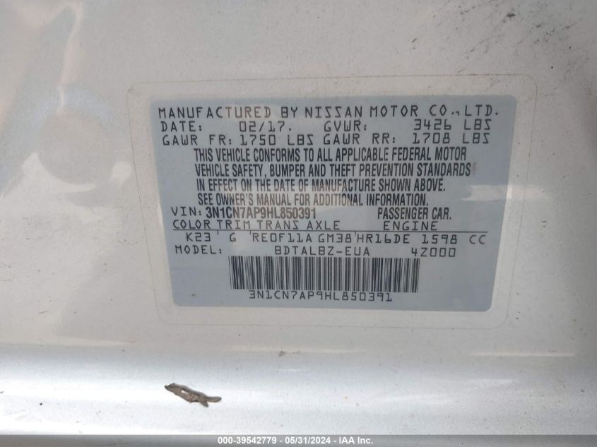 2017 Nissan Versa 1.6 Sv VIN: 3N1CN7AP9HL850391 Lot: 39542779