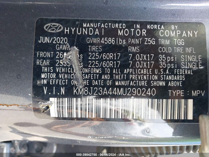 2021 Hyundai Tucson Se VIN: KM8J23A44MU290240 Lot: 39542785