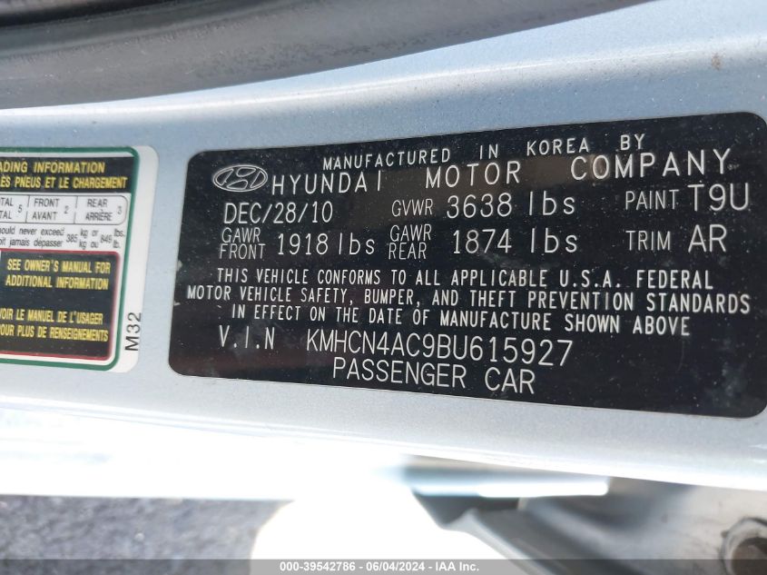 2011 Hyundai Accent Gls VIN: KMHCN4AC9BU615927 Lot: 39542786