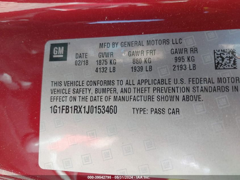 2018 Chevrolet Camaro 1Lt VIN: 1G1FB1RX1J0153460 Lot: 39542795