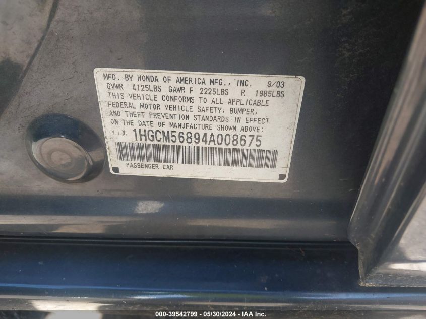 2004 Honda Accord 2.4 Ex VIN: 1HGCM56894A008675 Lot: 39542799