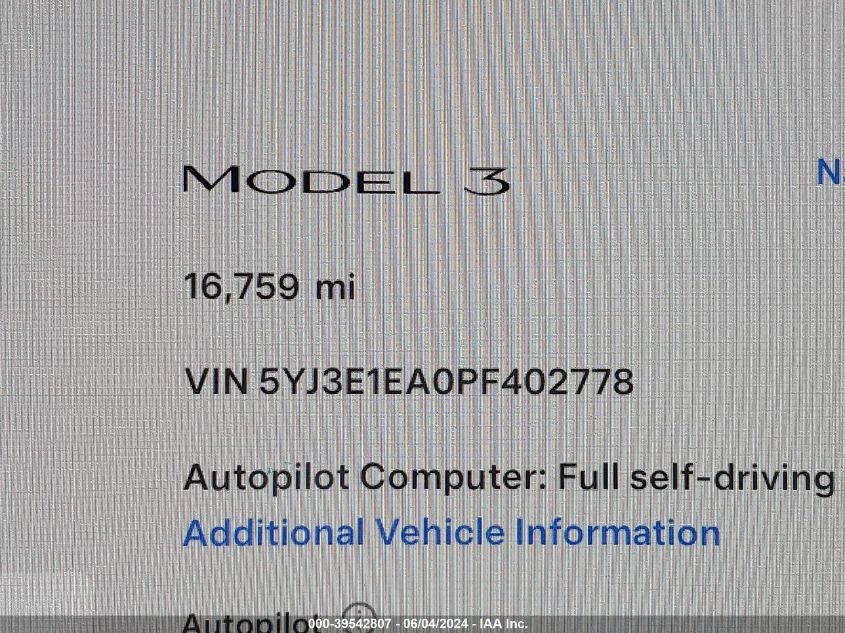 2023 TESLA MODEL 3 REAR-WHEEL DRIVE - 5YJ3E1EA0PF402778