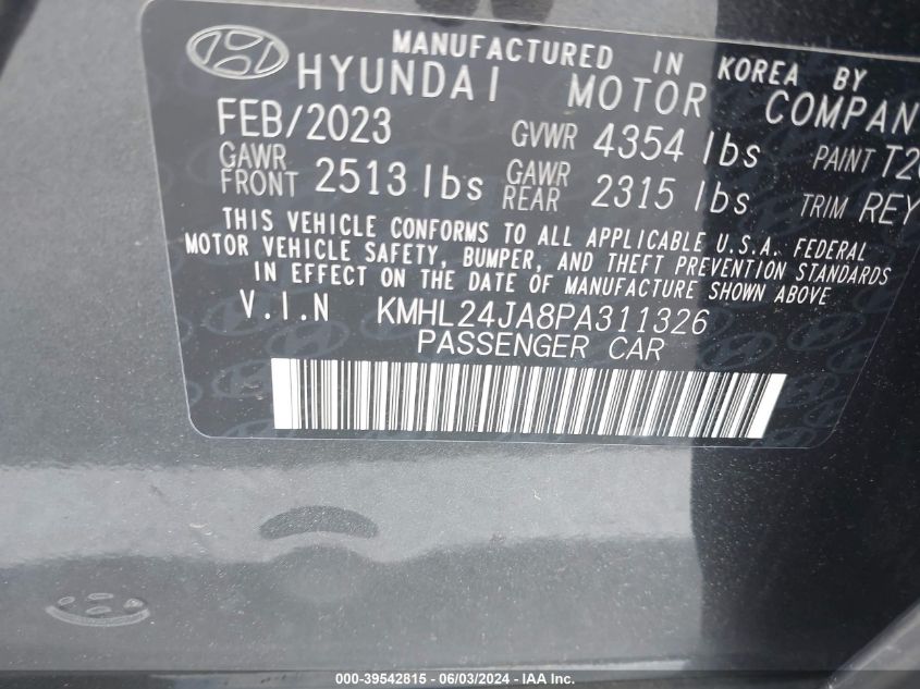 2023 Hyundai Sonata Se VIN: KMHL24JA8PA311326 Lot: 39542815