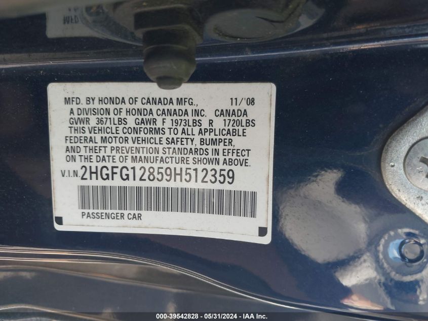 2009 Honda Civic Ex VIN: 2HGFG12859H512359 Lot: 39542828