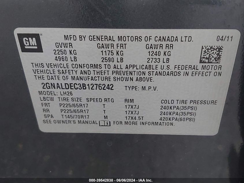 2011 Chevrolet Equinox 1Lt VIN: 2GNALDEC3B1276242 Lot: 39542838