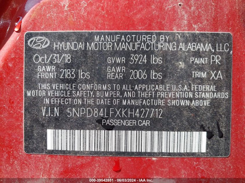 2019 Hyundai Elantra Value Edition VIN: 5NPD84LFXKH427712 Lot: 39542851