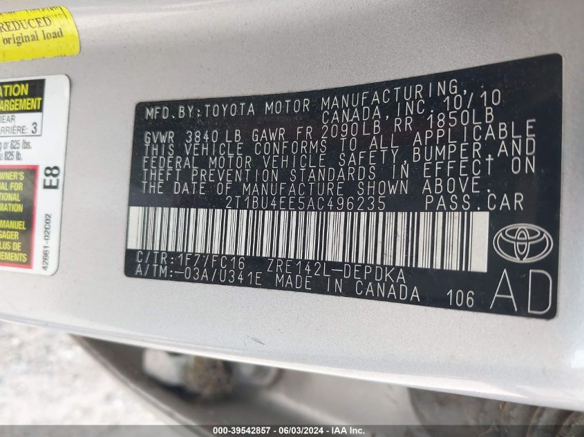 2010 Toyota Corolla Le VIN: 2T1BU4EE5AC496235 Lot: 39542857