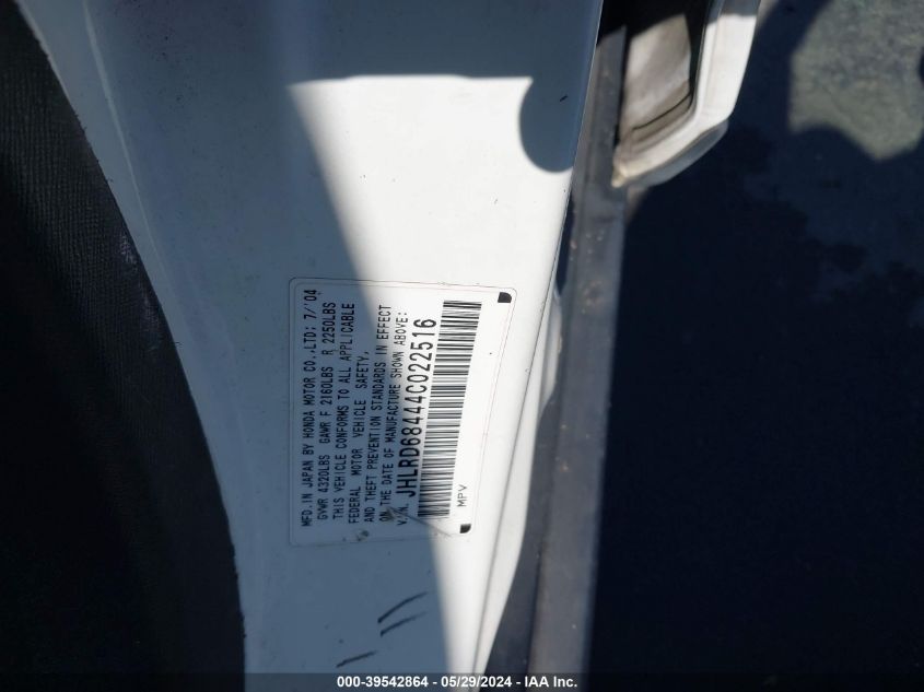 2004 Honda Cr-V Lx VIN: JHLRD68444C022516 Lot: 39542864