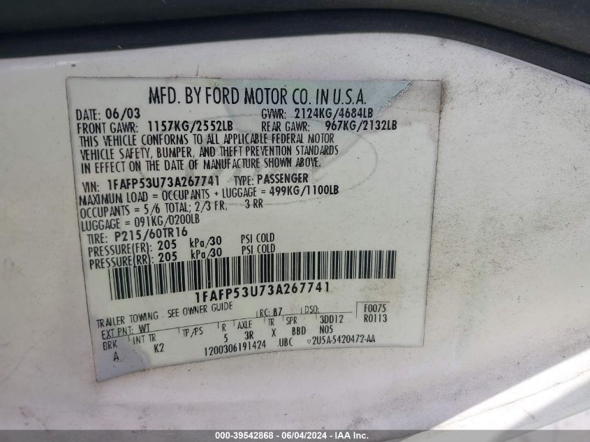 2003 Ford Taurus Se VIN: 1FAFP53U73A267741 Lot: 39542868