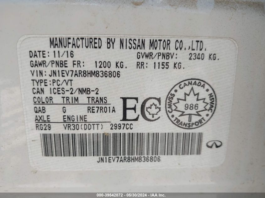 2017 Infiniti Q50 3.0T Premium/3.0T Signature Edition/3.0T Sport VIN: JN1EV7AR8HM836806 Lot: 39542872