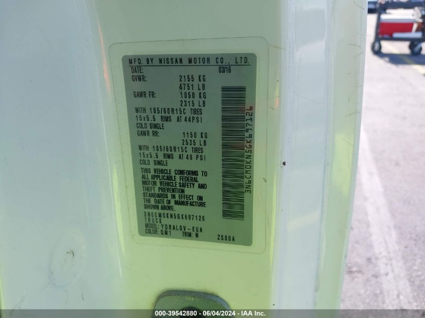 2016 Nissan Nv200 Sv VIN: 3N6CM0KN5GK697126 Lot: 39542880