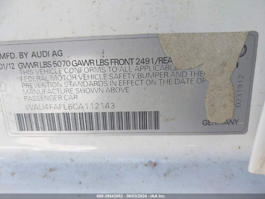 2012 Audi A4 2.0T Premium VIN: WAU4FAFL6CA112143 Lot: 39542882