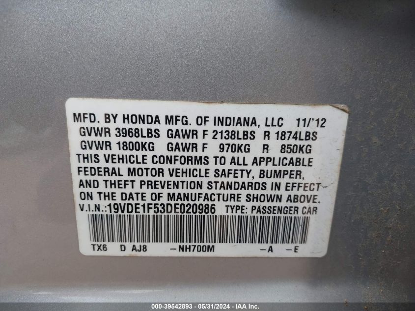 2013 ACURA ILX 2.0L - 19VDE1F53DE020986