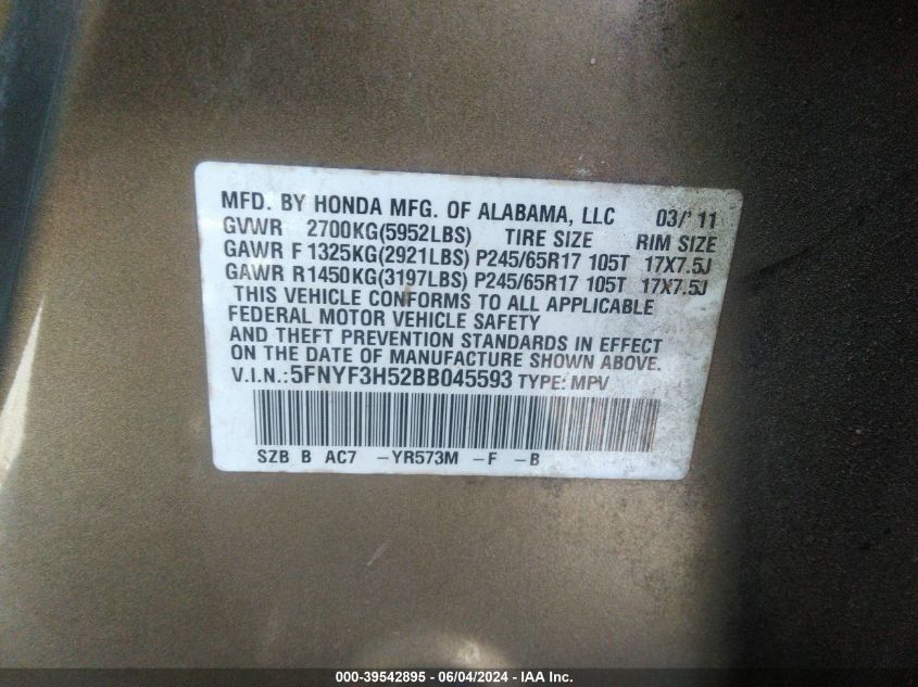 2011 Honda Pilot Ex-L VIN: 5FNYF3H52BB045593 Lot: 39542895