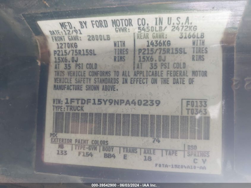 1992 Ford F150 VIN: 1FTDF15Y9NPA40239 Lot: 39542900