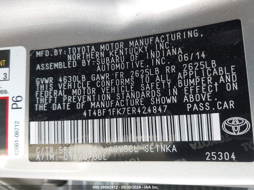 2014 Toyota Camry Le VIN: 4T4BF1FK7ER424847 Lot: 39542912