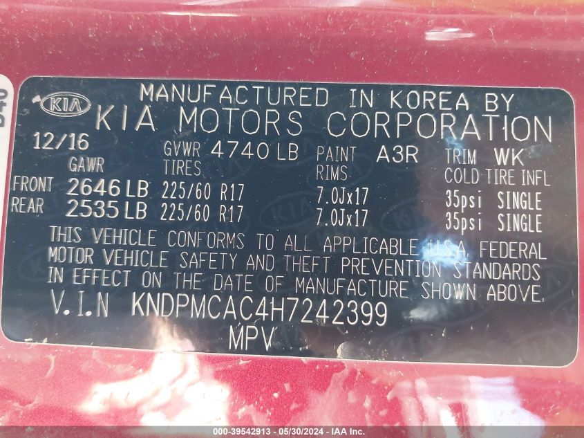 2017 Kia Sportage Lx VIN: KNDPMCAC4H7242399 Lot: 39542913
